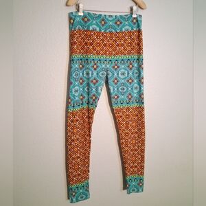 Lularoe Orange And Teal Patterned Leggings Tall & Curvy